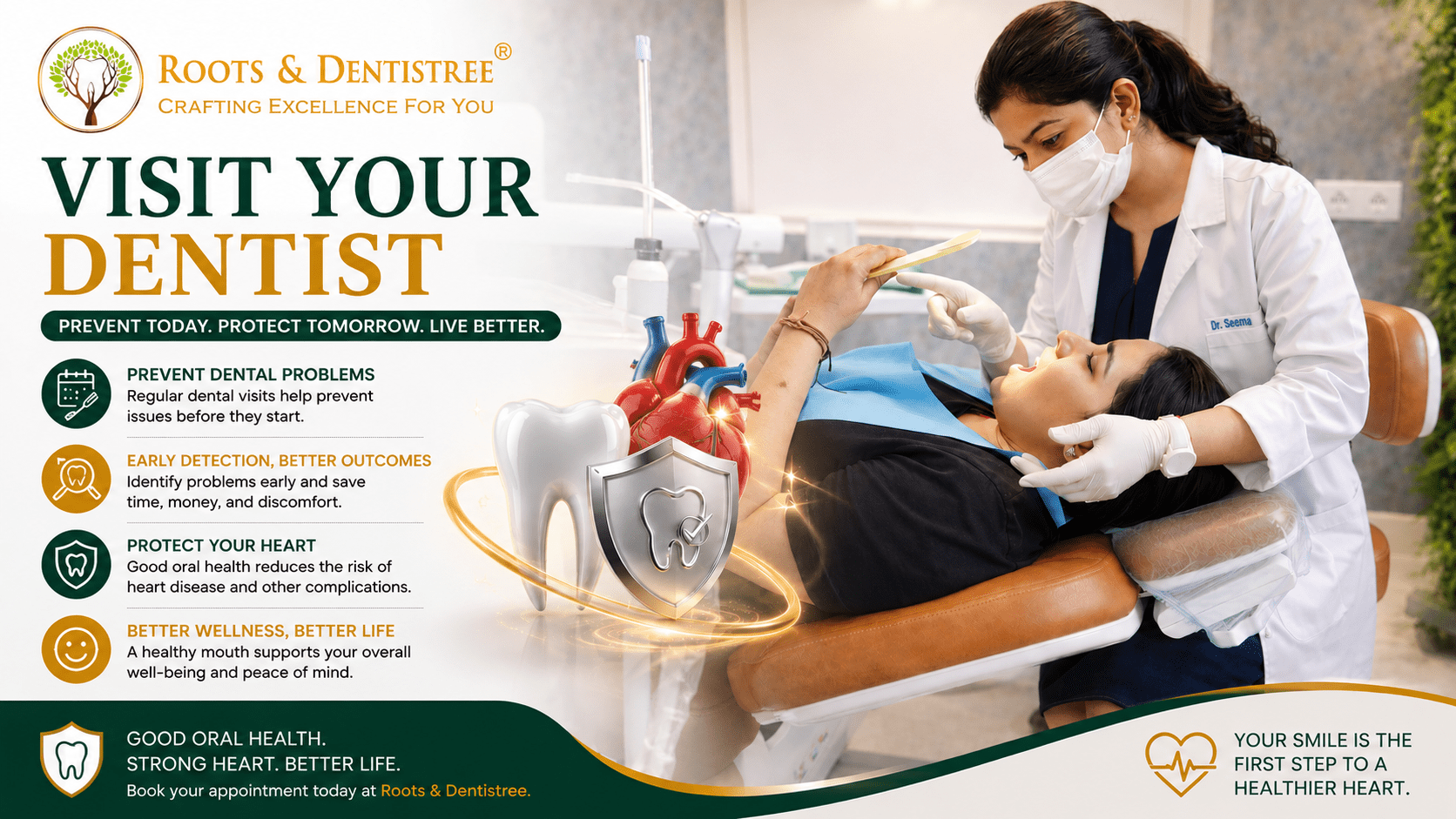 Dental clinic banner with a clinician in a mask treating a patient in a chair, headline 'Visit Your Dentist' and bullet points about dental health on the left.