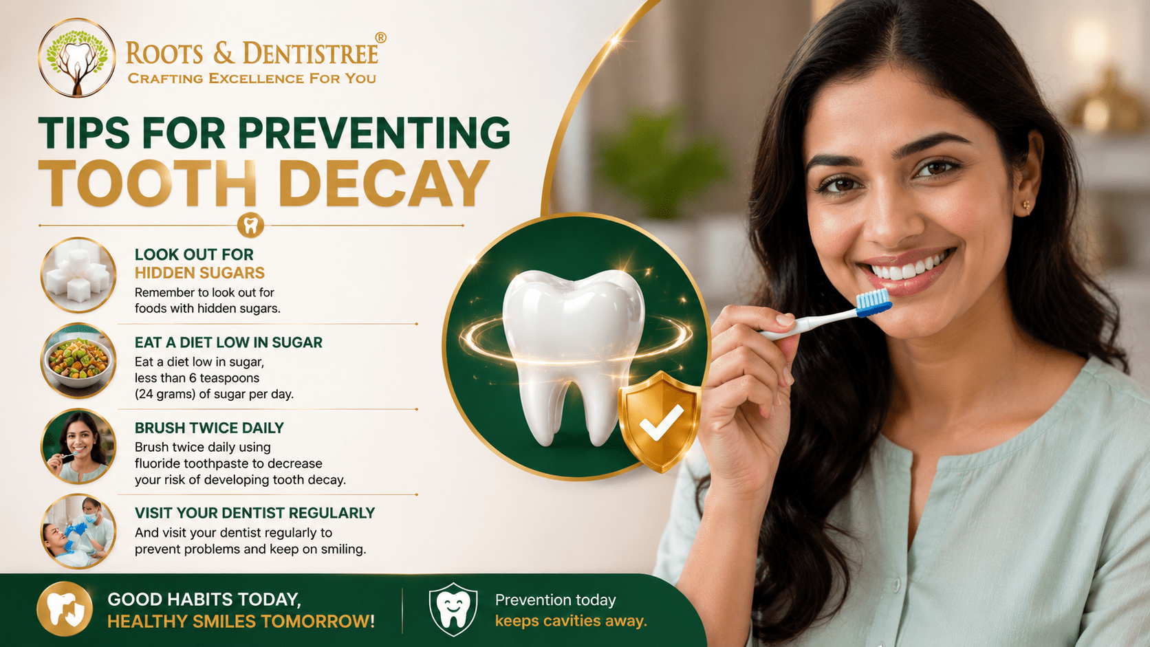 Infographic titled 'Tips for Preventing Tooth Decay' showing a smiling woman brushing her teeth beside a large tooth graphic and four dental-hygiene tips on the left side.