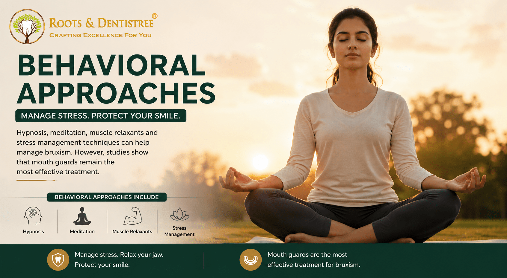 Hero banner: a woman meditating outdoors at sunset to promote behavioral approaches for bruxism relief.