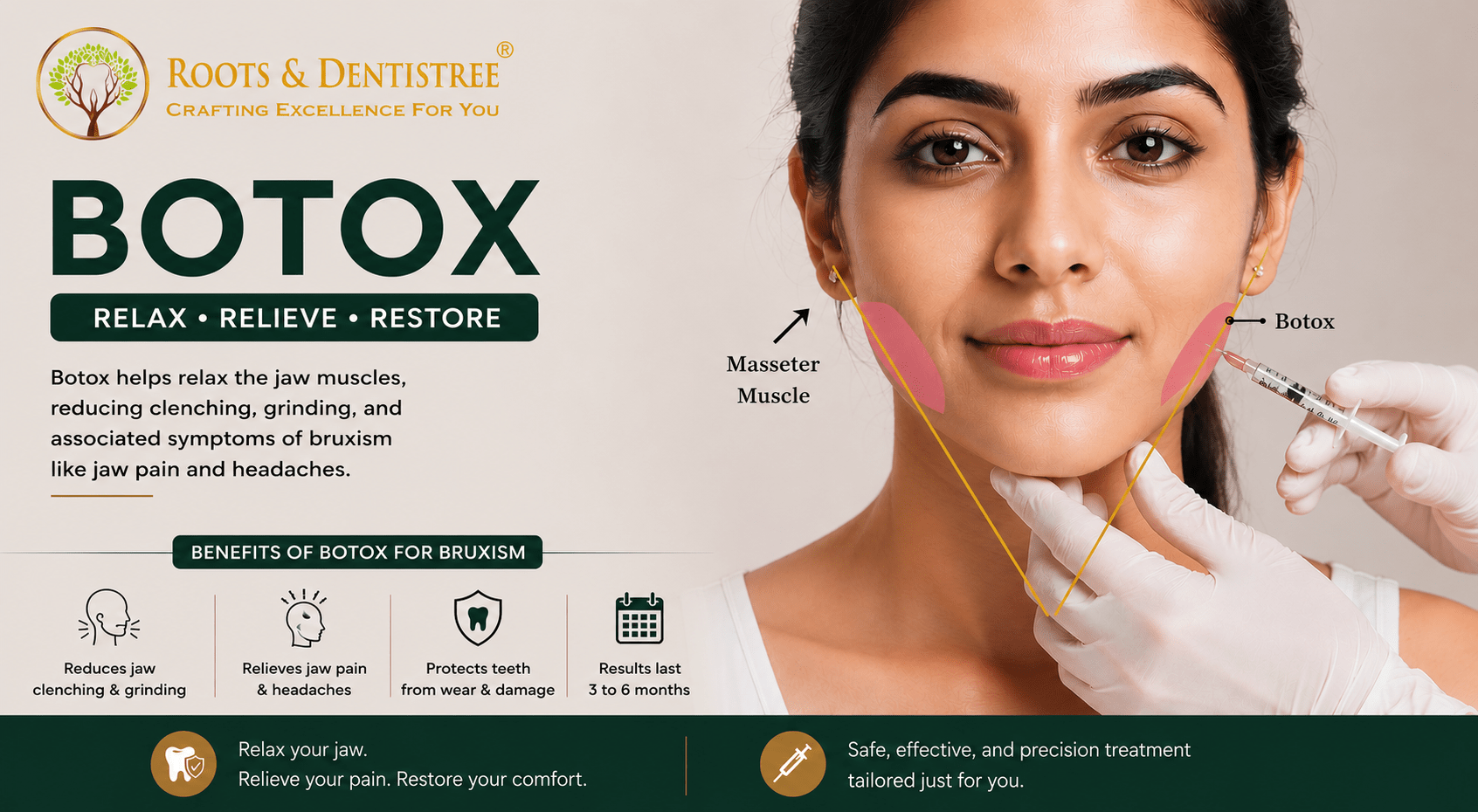 Advertising banner for Roots & Dentistree offering Botox to relax jaw muscles, showing a clinician administering an injection to the masseter area with labeled diagram.