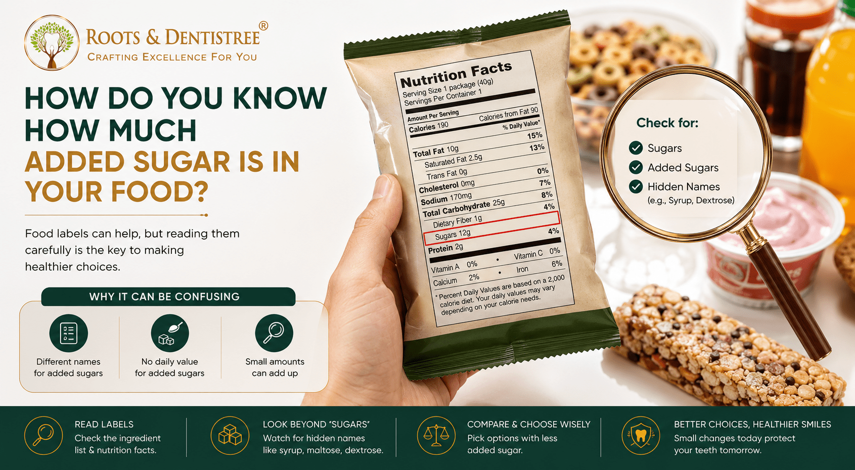 Infographic showing how to read nutrition labels for added sugars, with a hand holding a snack bag and a magnifying glass examining the label.