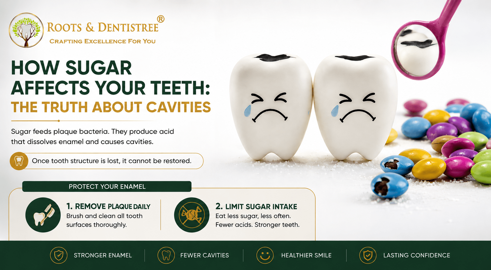 Dental infographic title: How sugar affects your teeth with sad teeth and candy, promoting enamel protection tips.