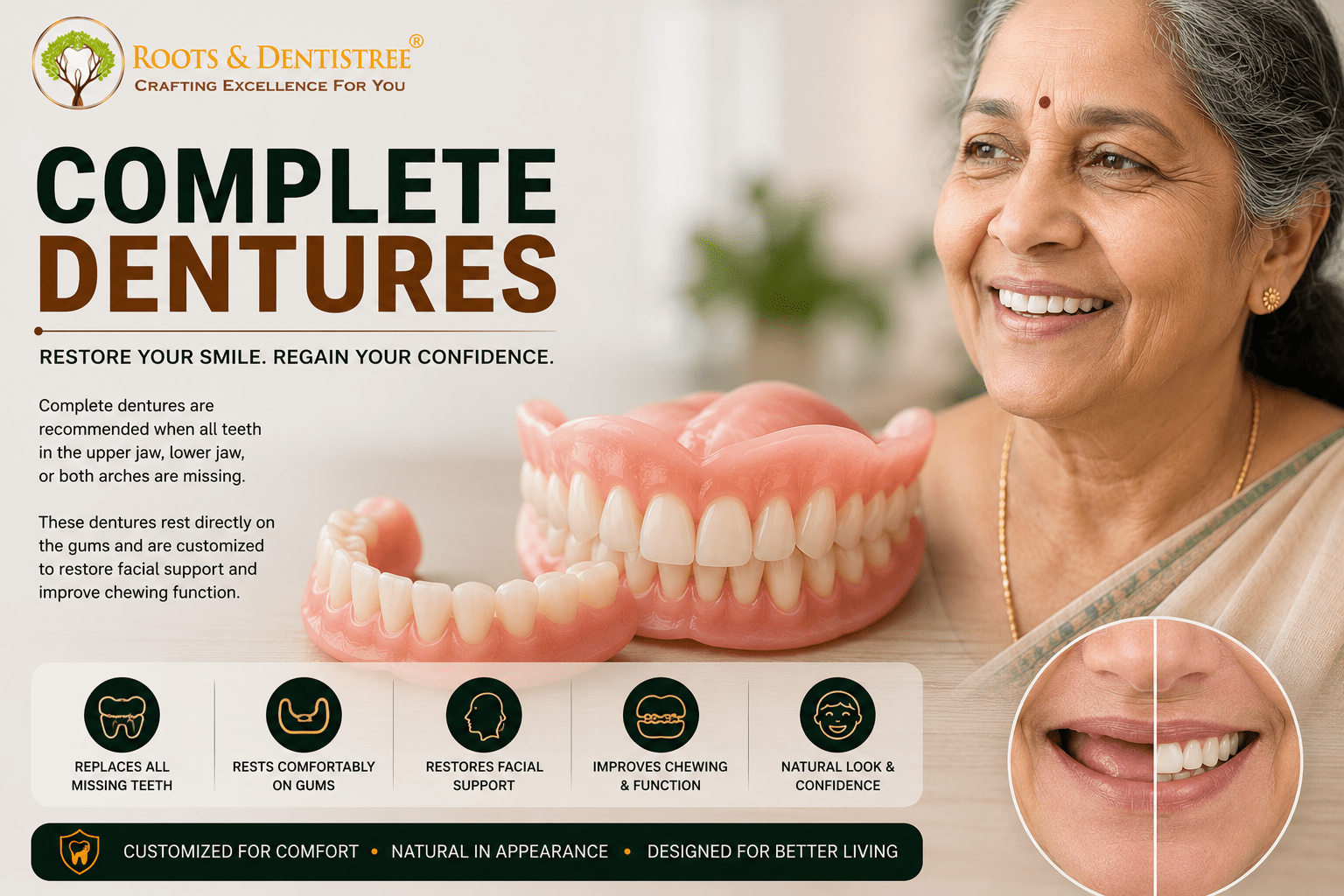 Advertisement for Roots & DentisTREE complete dentures, featuring a smiling senior woman beside pink denture models on a light background.