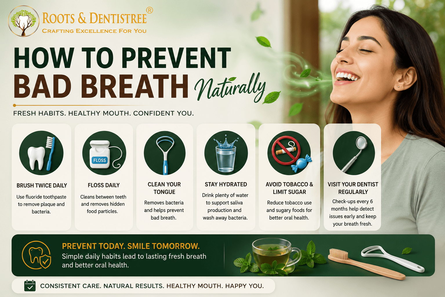 Infographic banner titled 'How to Prevent Bad Breath Naturally' with six tip cards: brush twice daily, floss daily, clean your tongue, stay hydrated, avoid tobacco & limit sugar, visit your dentist regularly; logo left, smiling woman right.
