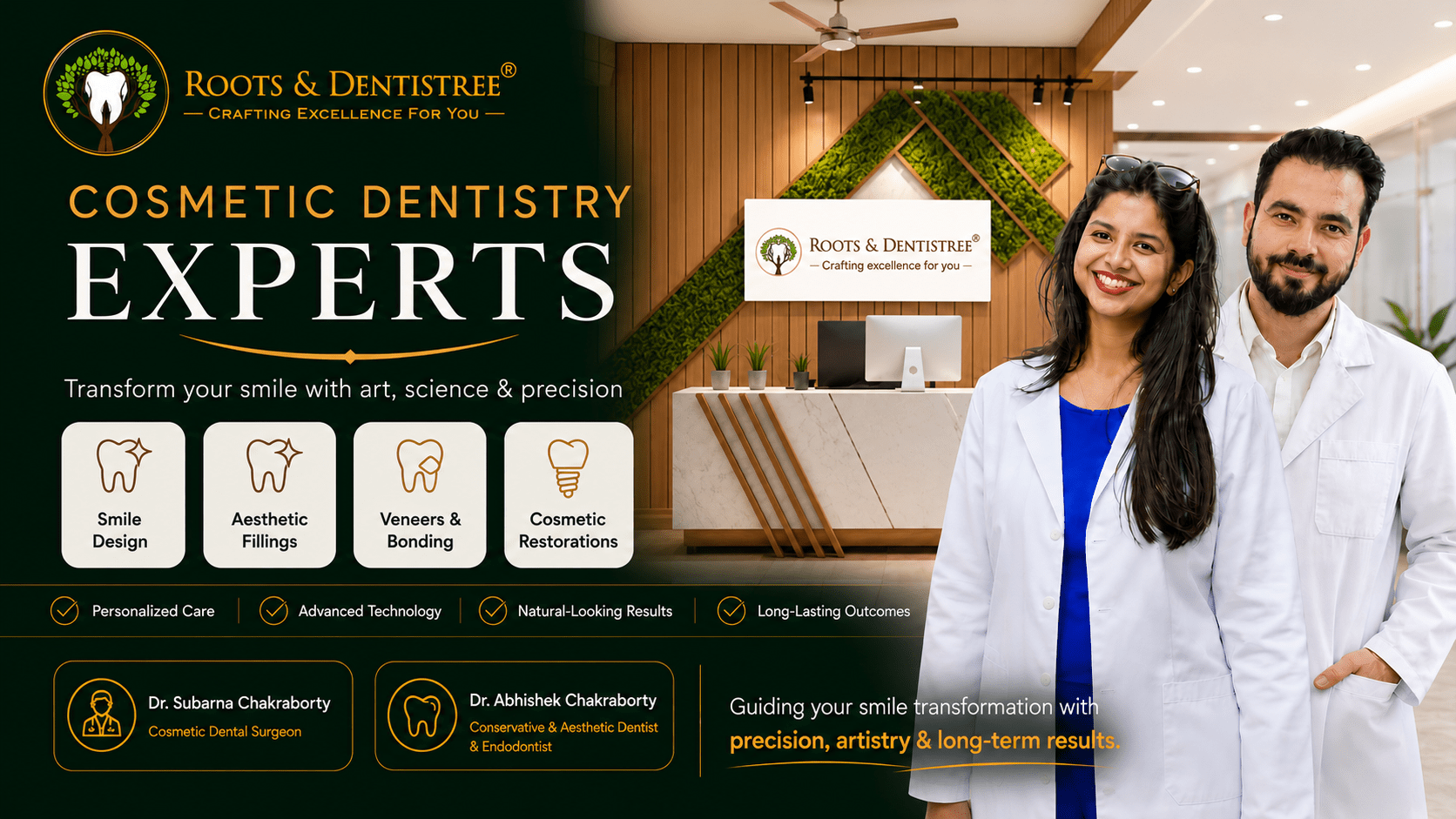 Cosmetic dentistry banner with logo and the word 'EXPERTS' beside two smiling clinicians in white coats at a modern reception desk.