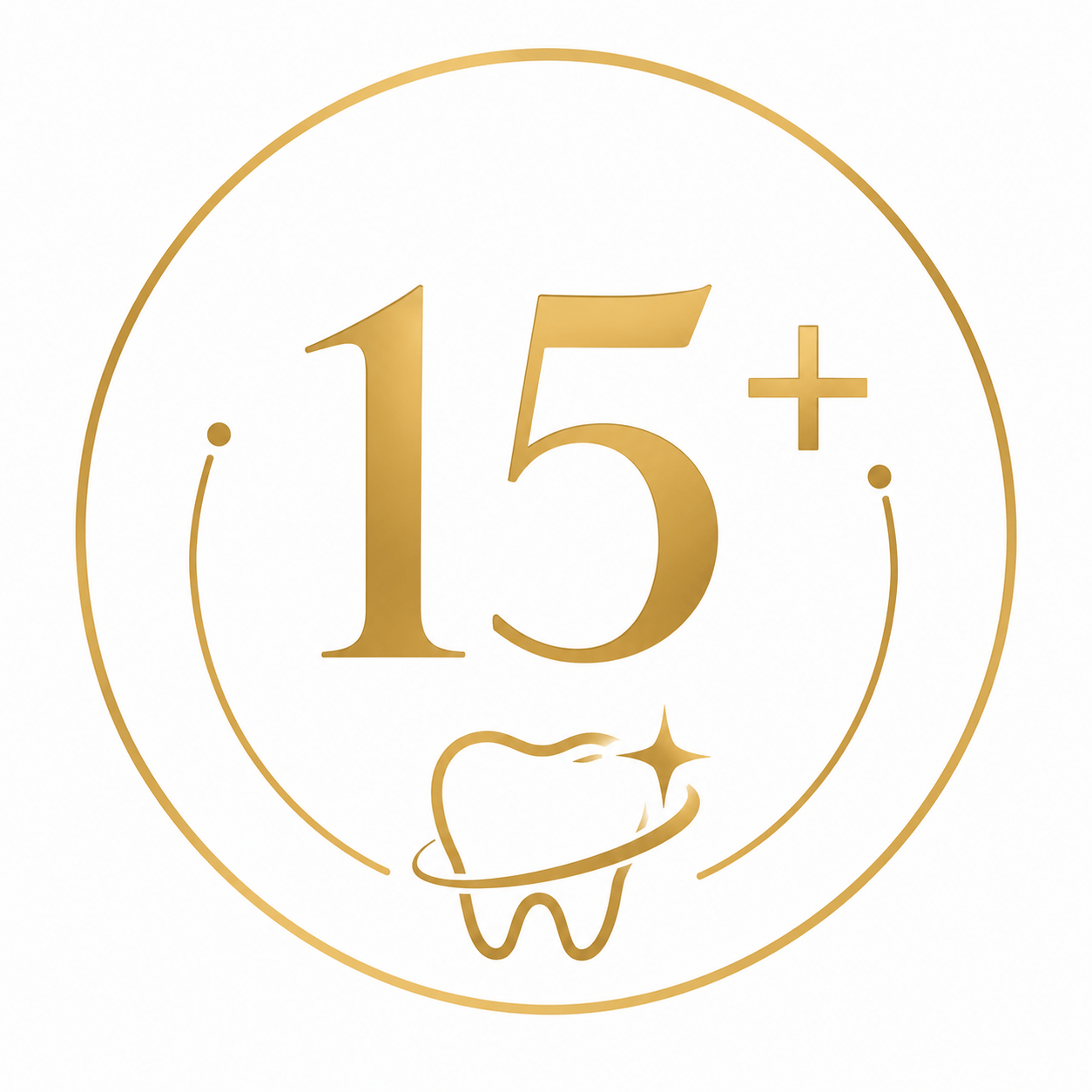 Gold circular logo featuring a large 15+ with a tooth and sparkle, symbolizing dental care services.