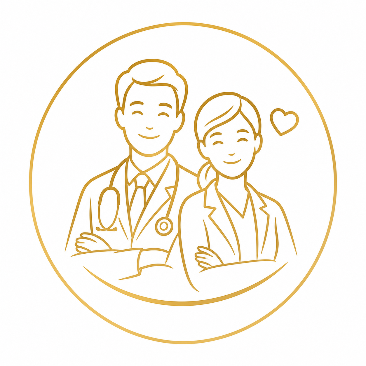 Illustration of a male doctor and a female clinician standing with arms crossed inside a circle, with a heart symbol nearby, gold outline