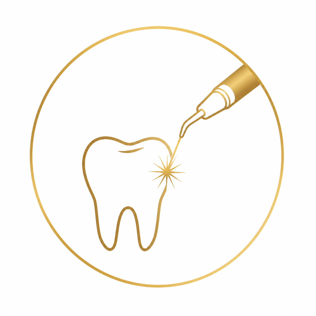 Tooth with a dental laser applying treatment, inside a gold circular frame