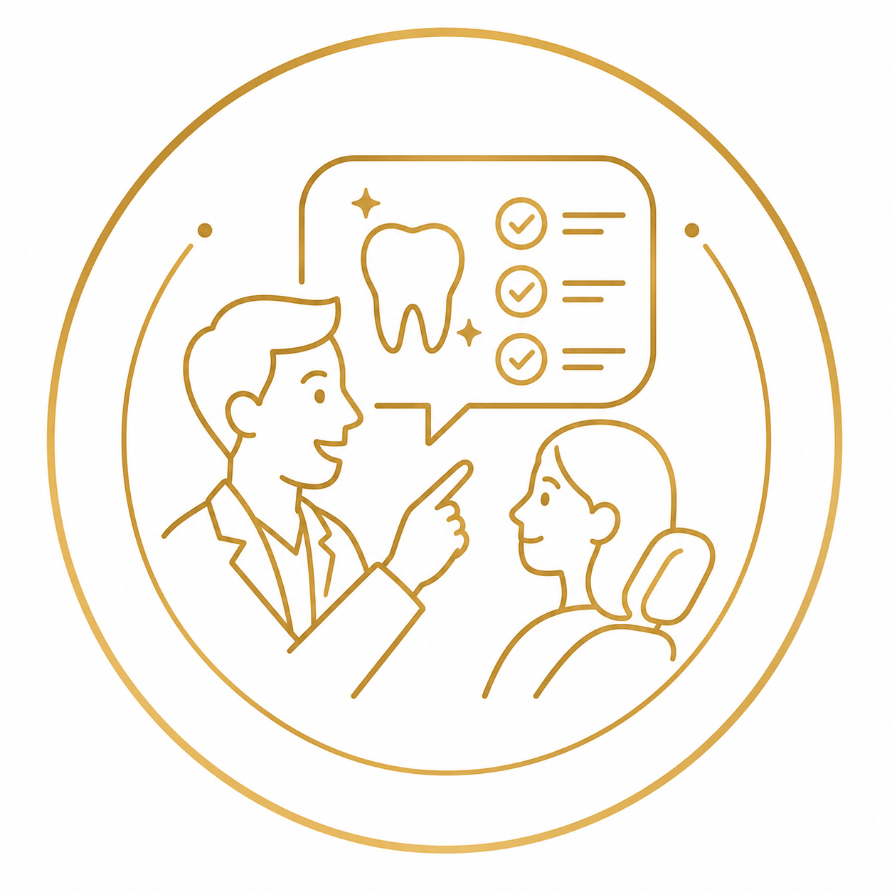Dentist explains a tooth-care checklist to a patient during a consultation, with a tooth icon in a speech bubble.