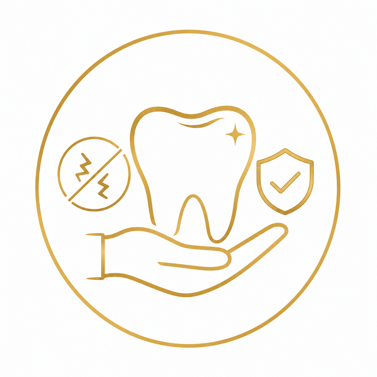 Gold line icon showing a hand cradling a healthy tooth, with a shield and checkmark symbol to denote protection or guarantee.