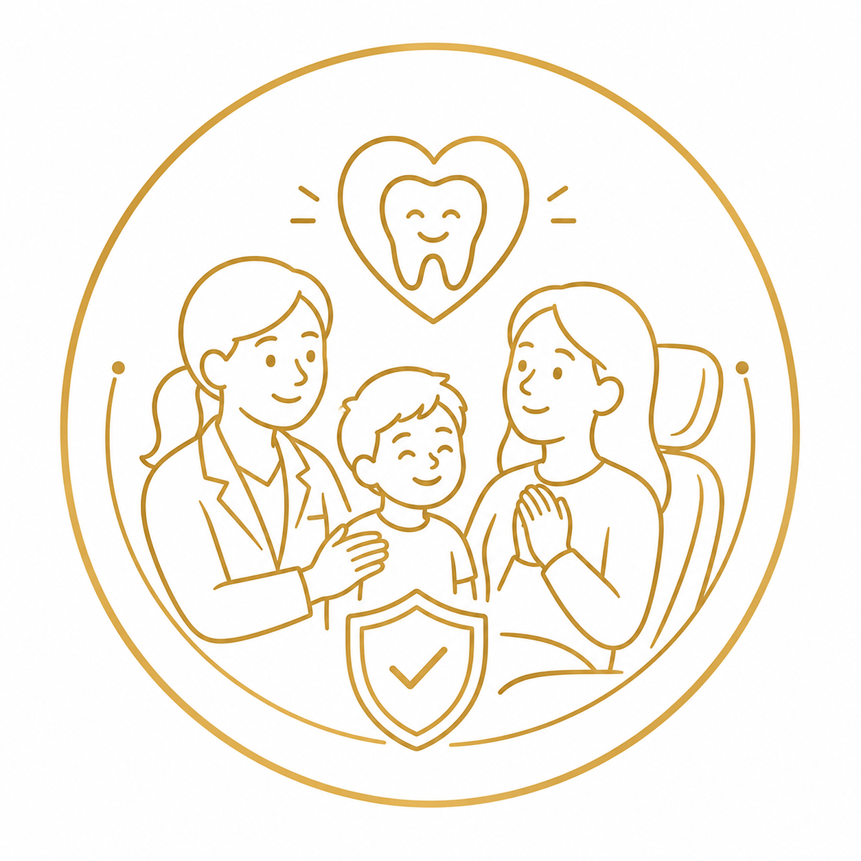 Illustration of a dentist with a family—parent and child—smiling, with a heart-shaped tooth icon above and a shield with a checkmark to symbolize dental protection.
