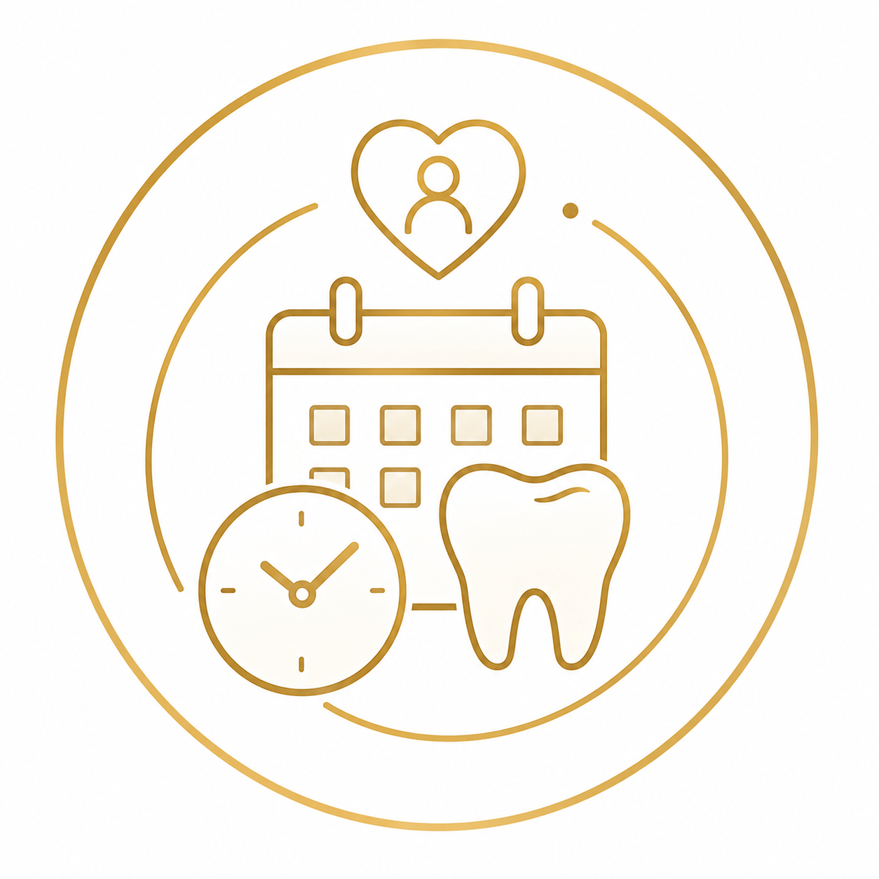 Dental appointment reminder icon with a calendar, clock, tooth, and heart symbols in a circular badge