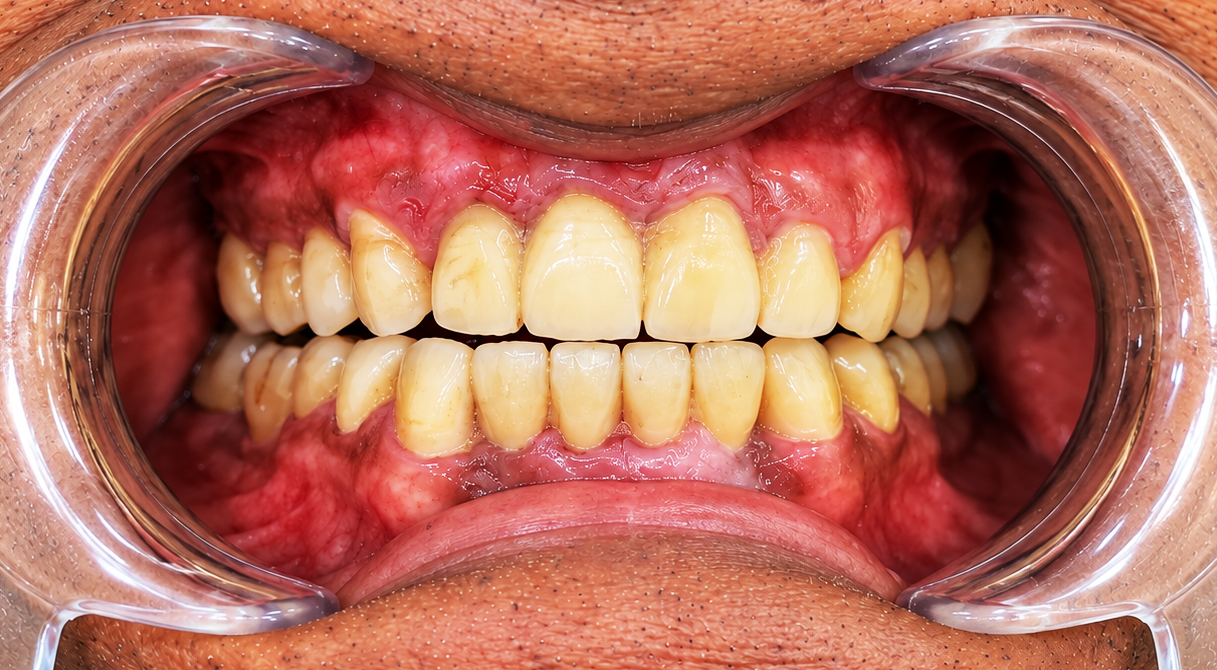 Close-up of a patient's mouth with clear cheek retractors, showing upper and lower teeth and red, inflamed gums.